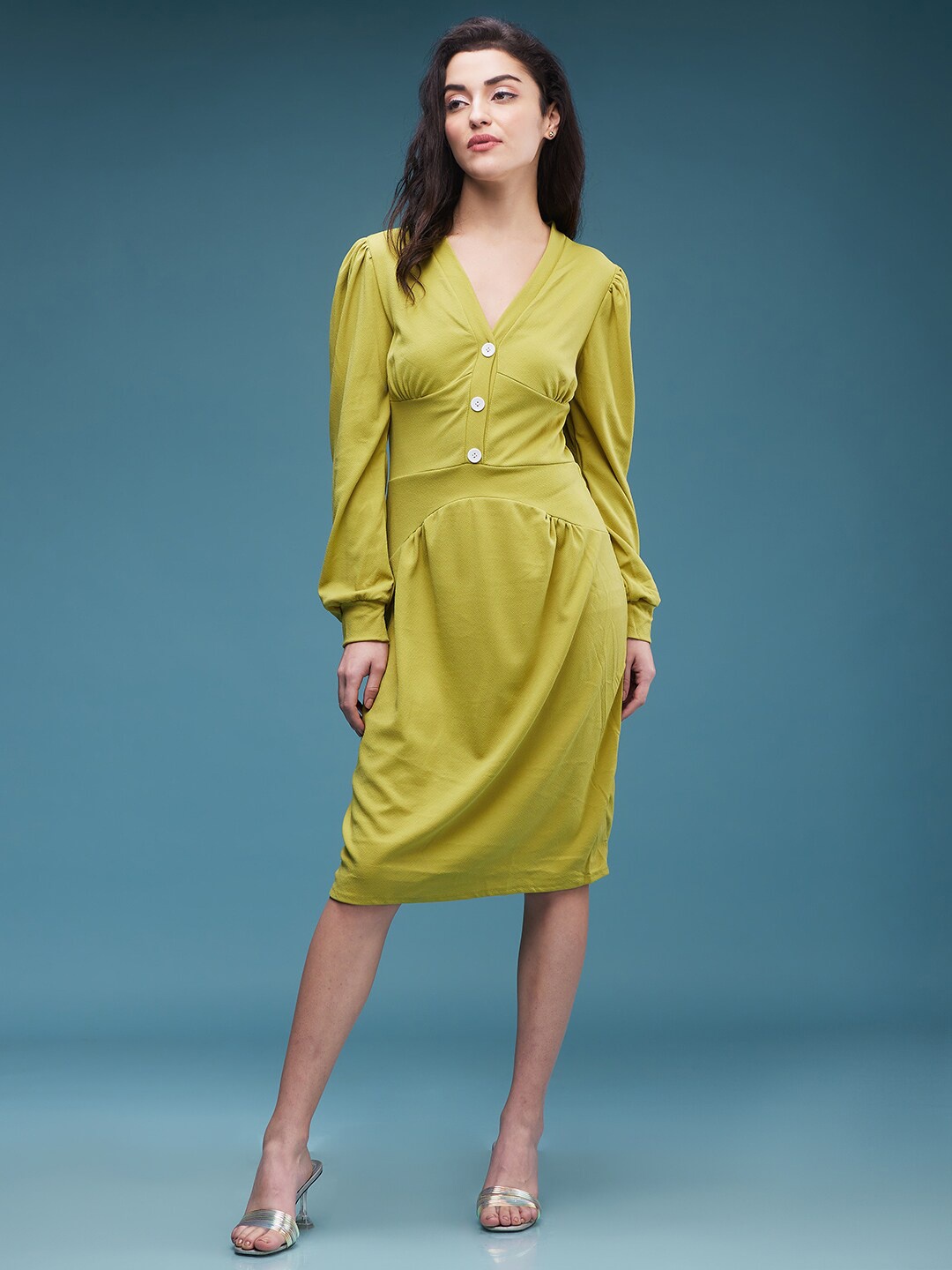 

DressBerry Green Cuff Sleeves A-Line Dress, Lime green