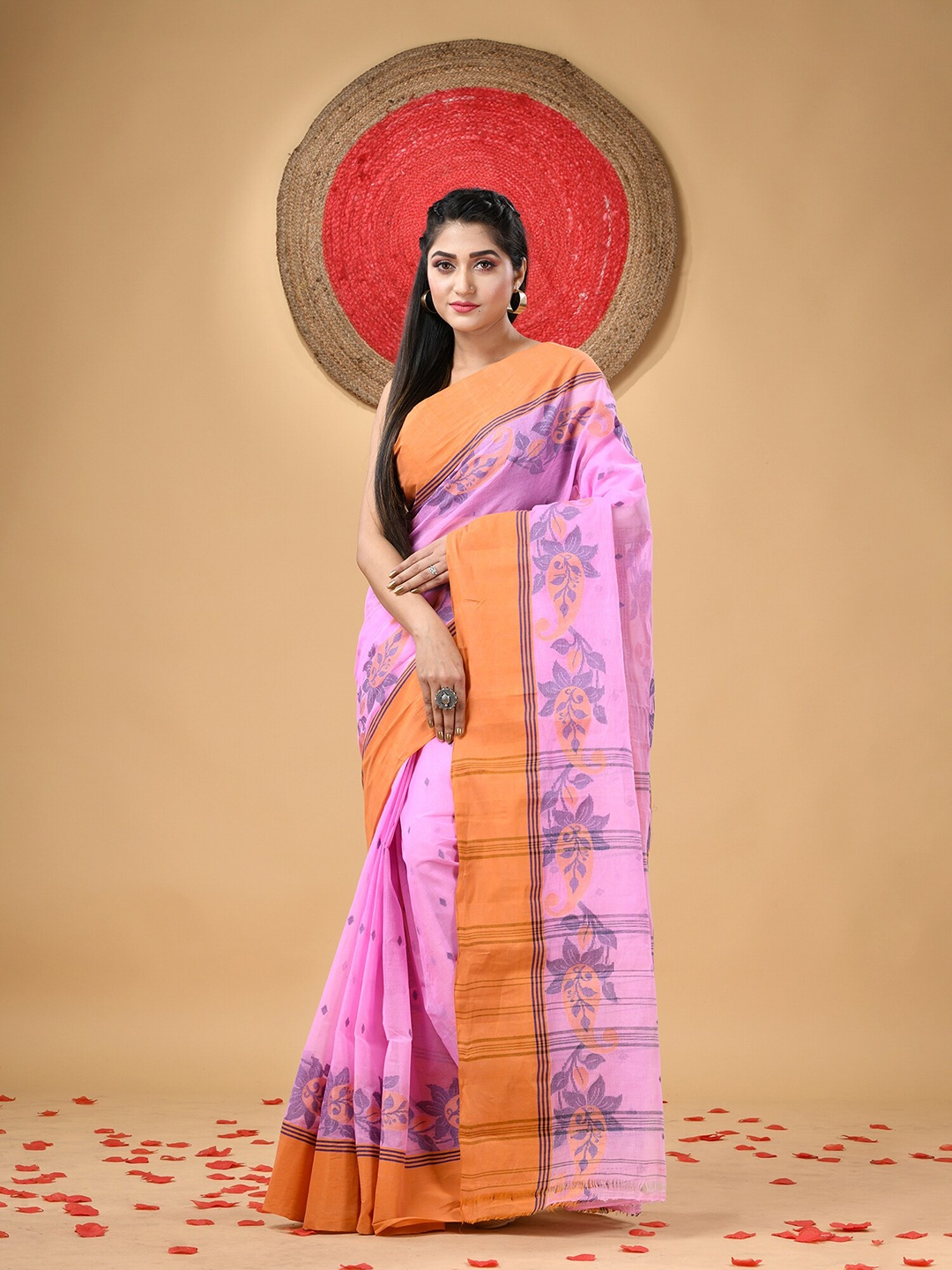 

DESH BIDESH Paisley Pure Cotton Taant Saree without Blouse, Pink