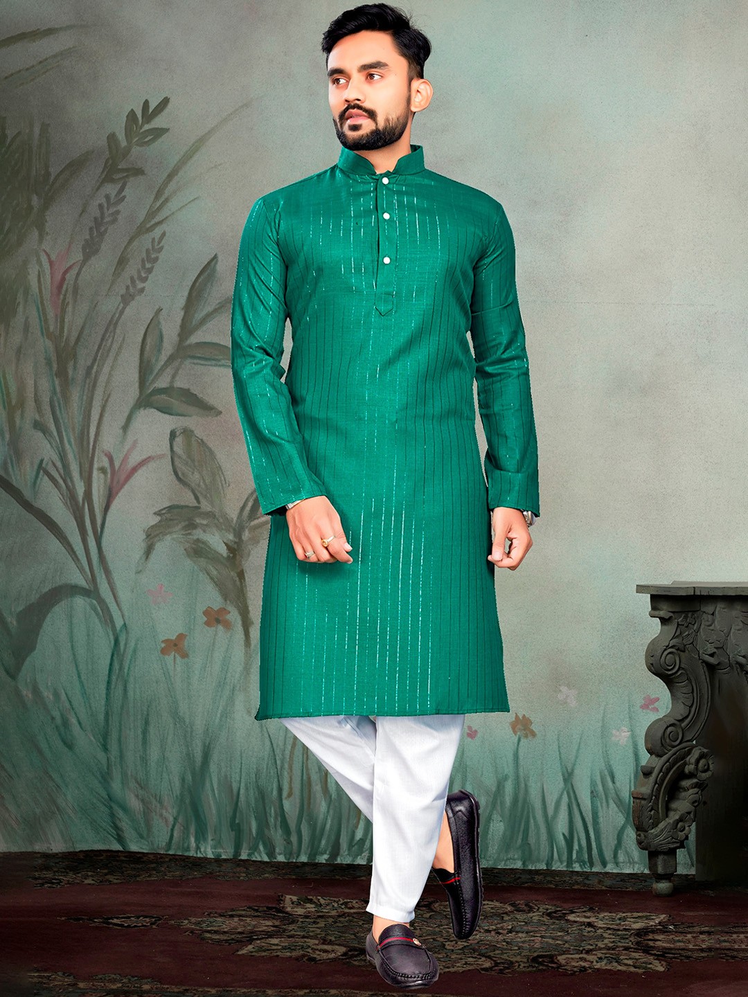 

PERFECTBLUE Striped Mandarin Collar Kurta & Pyjama, Green
