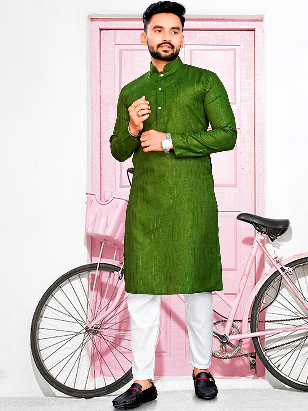 

PERFECTBLUE Striped Mandarin Collar Cotton Straight Kurta, Green