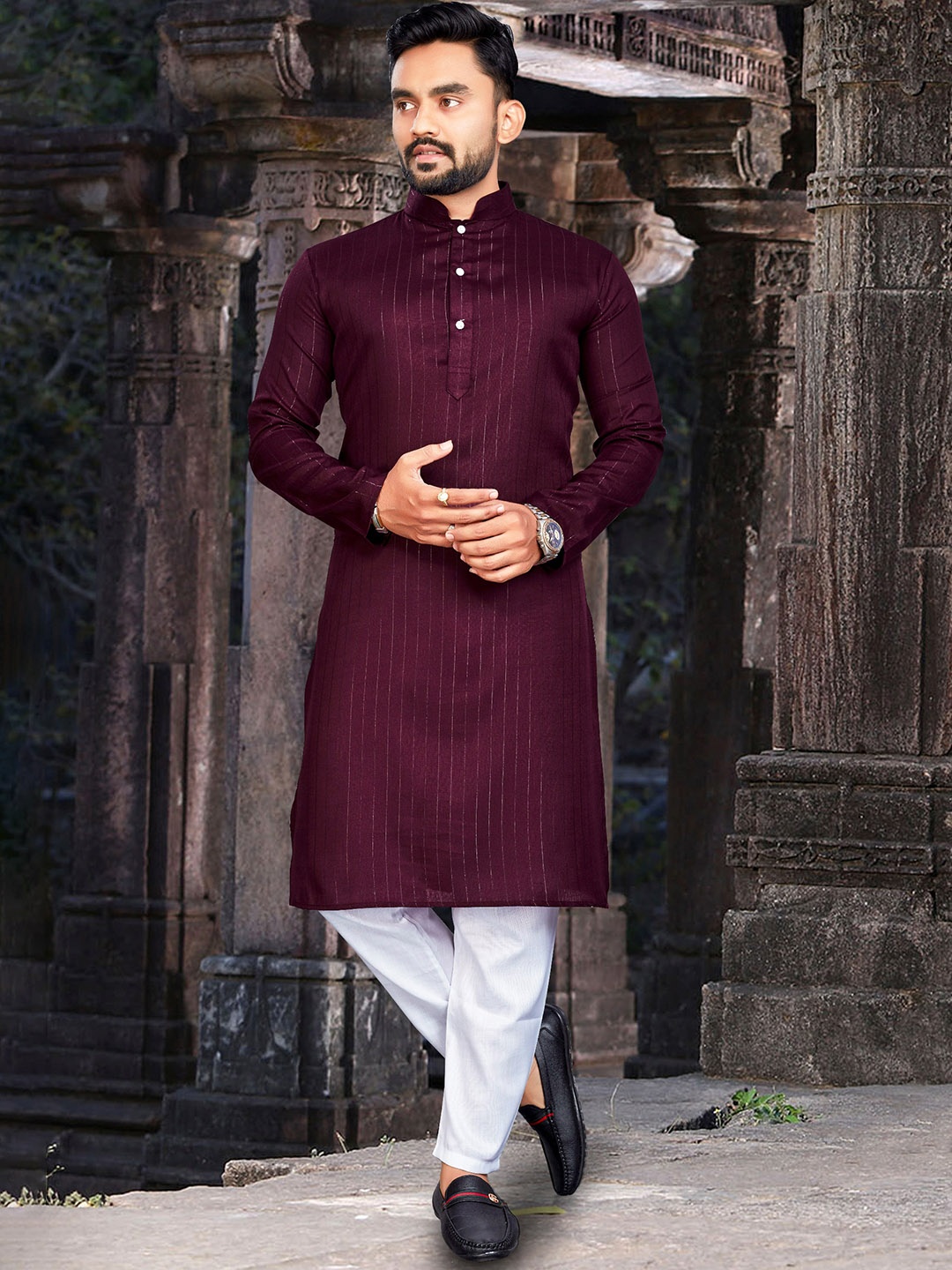 

PERFECTBLUE Striped Mandarin Collar Cotton Straight Kurta, Purple