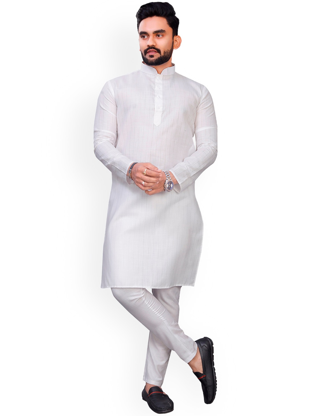 

PERFECTBLUE Striped Mandarin Collar Cotton Straight Kurta, White