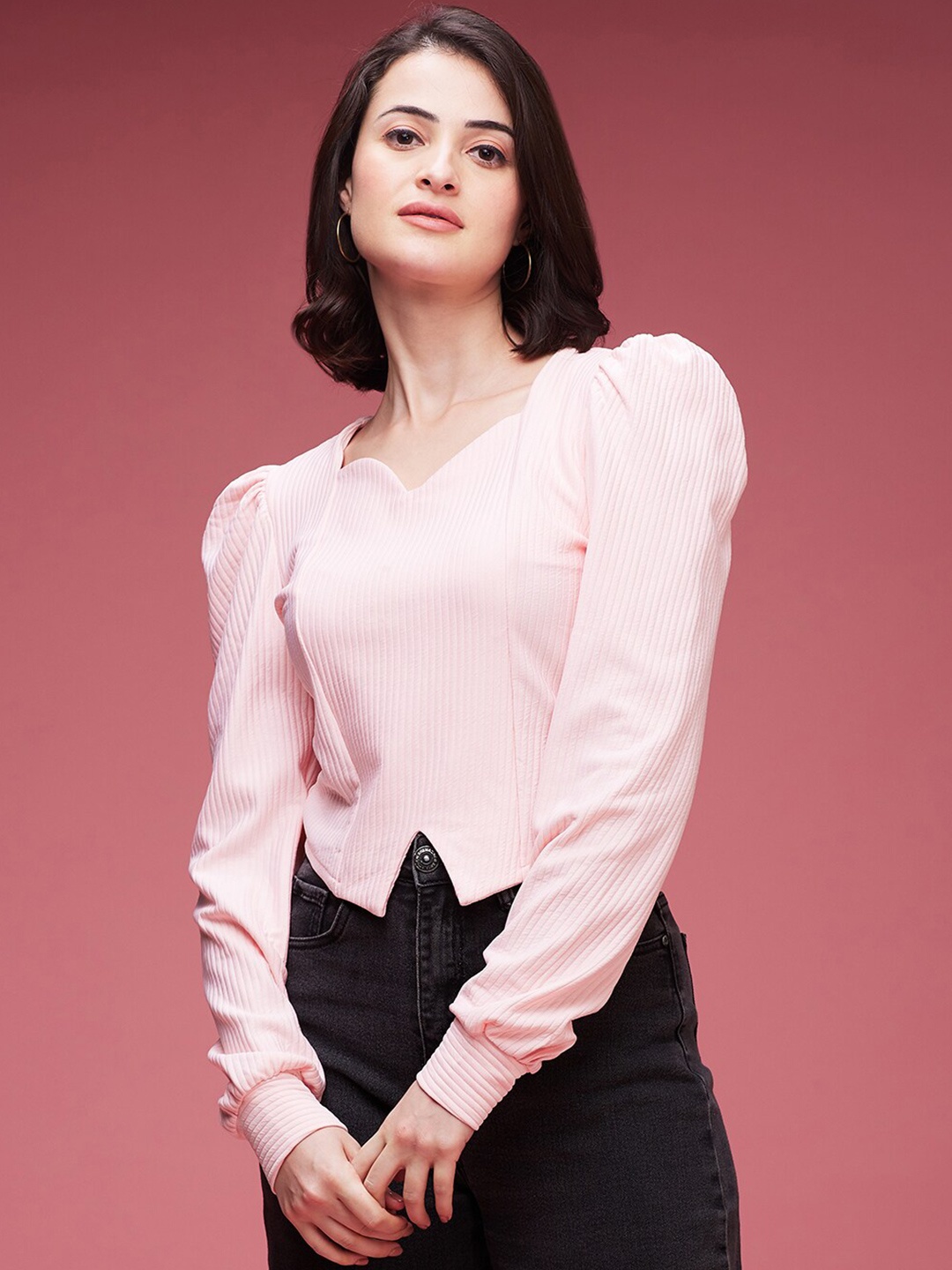 

DressBerry Peach Coloured Ribbed Sweetheart Neck Top