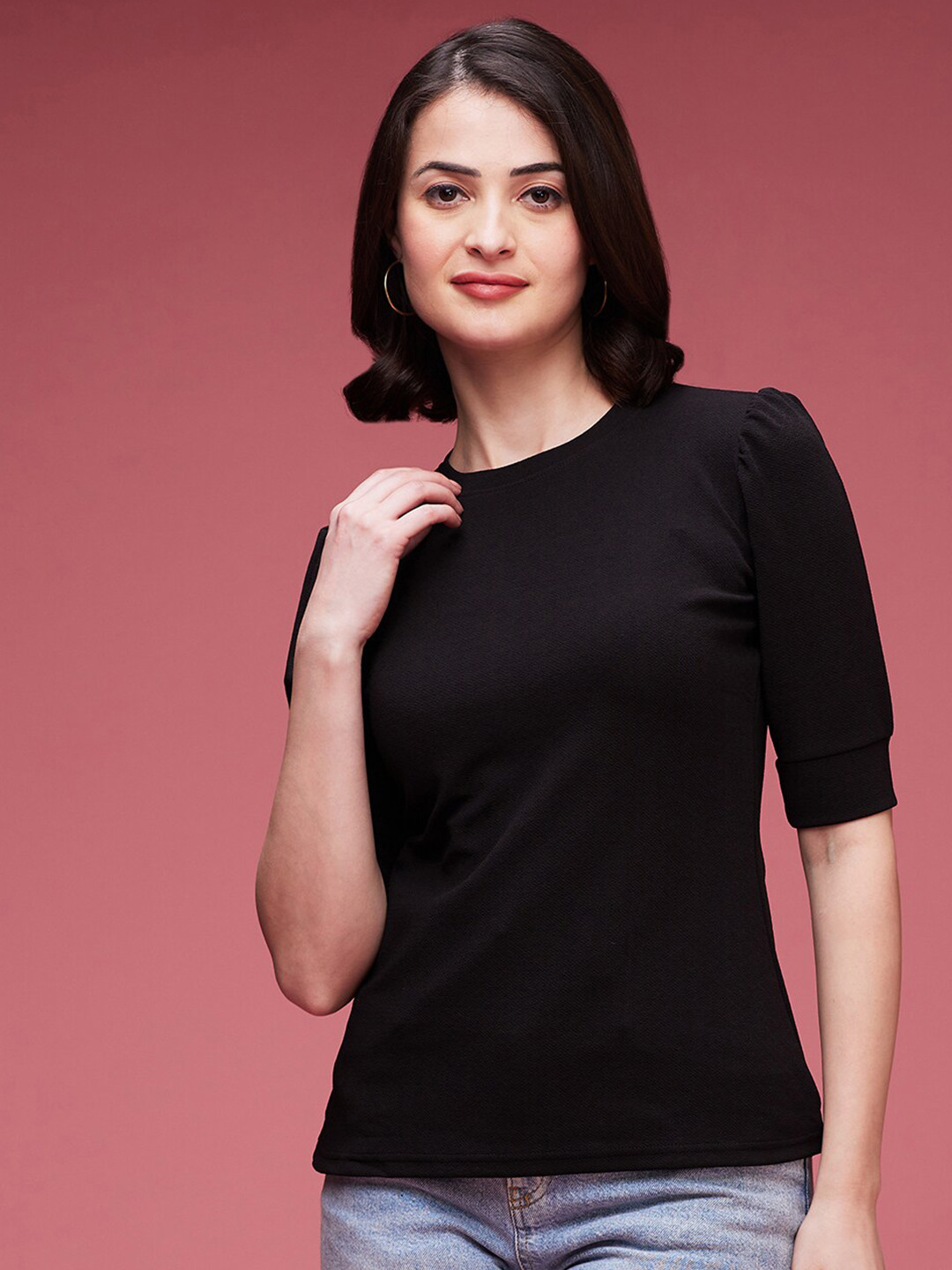 

DressBerry Black Cuffed Sleeves Regular Top