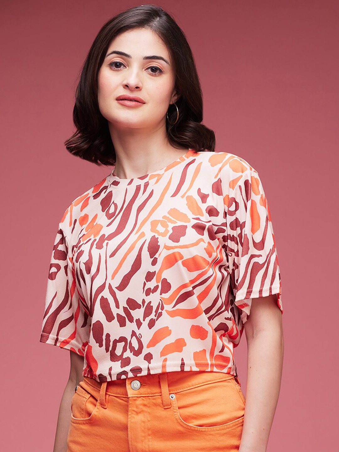 

DressBerry Abstract Printed Round Neck Top, Orange