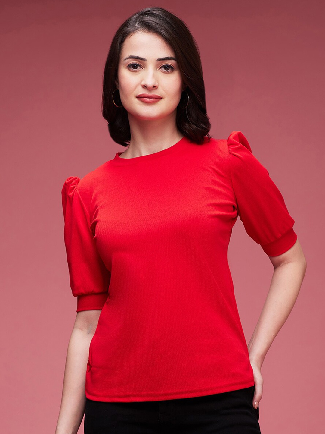 

DressBerry Red High Neck Puff Sleeves Top