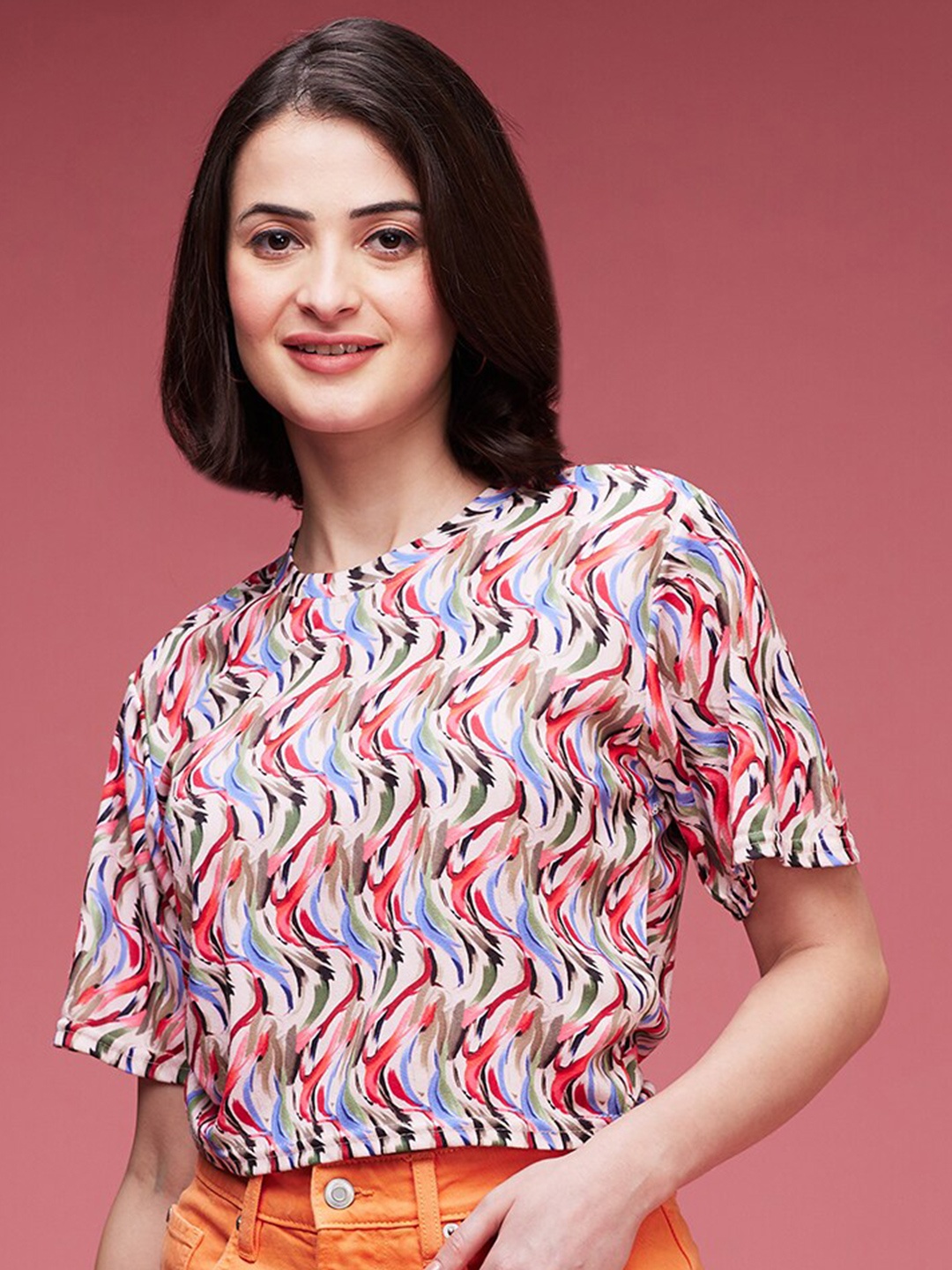 

DressBerry Abstract Printed Crop Top, Beige