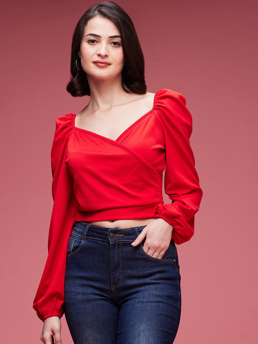 

DressBerry Sweetheart Neck Puff Sleeves Crop Top, Red