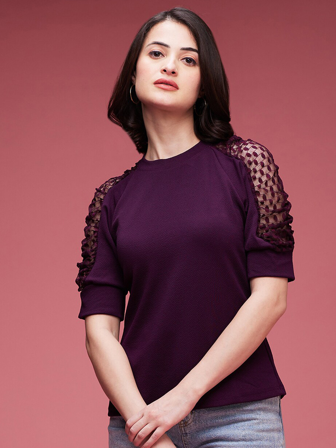 

DressBerry Round Neck Raglan Sleeves Top, Purple