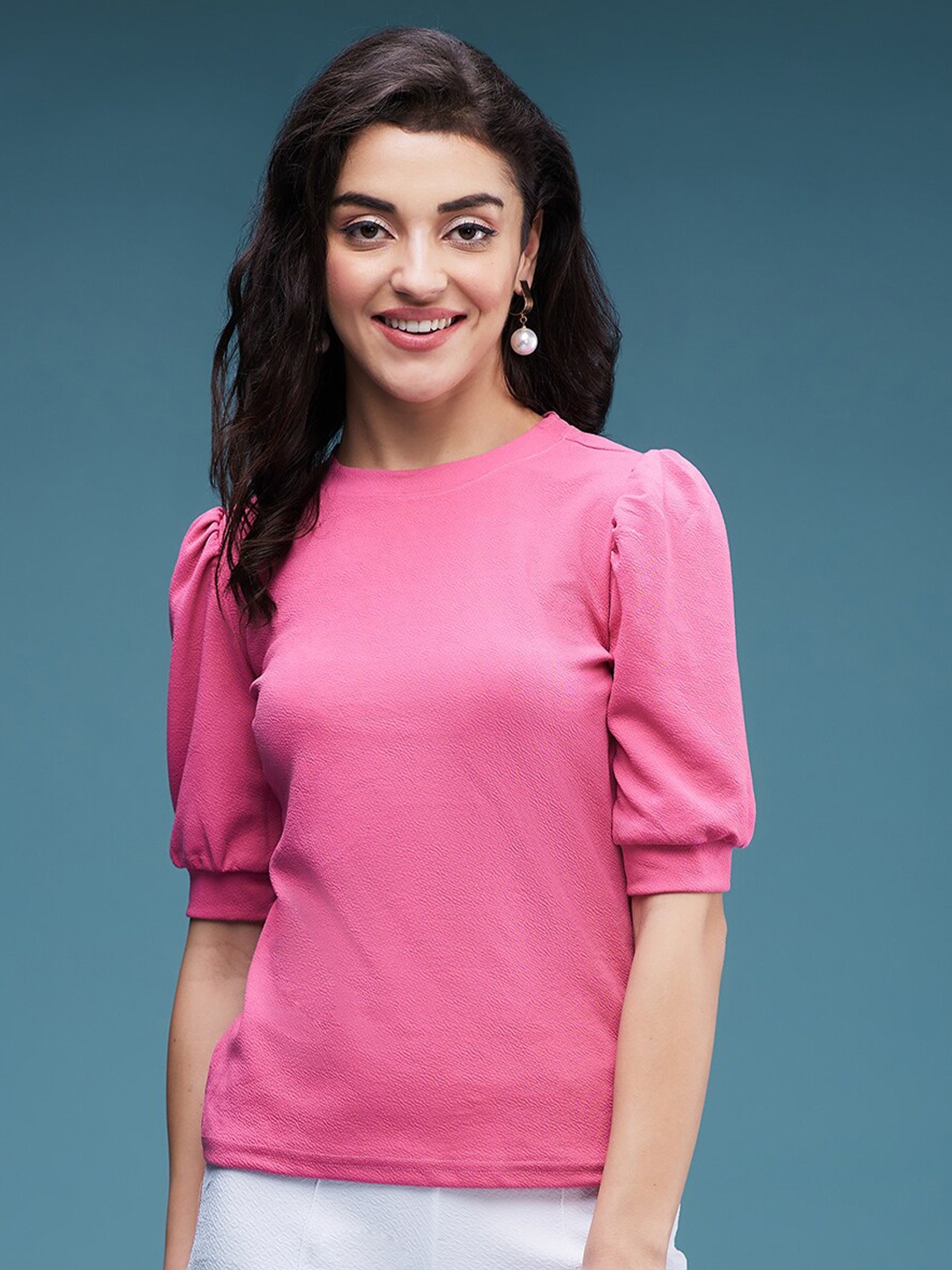 

DressBerry Round Neck Puff Sleeves Top, Pink