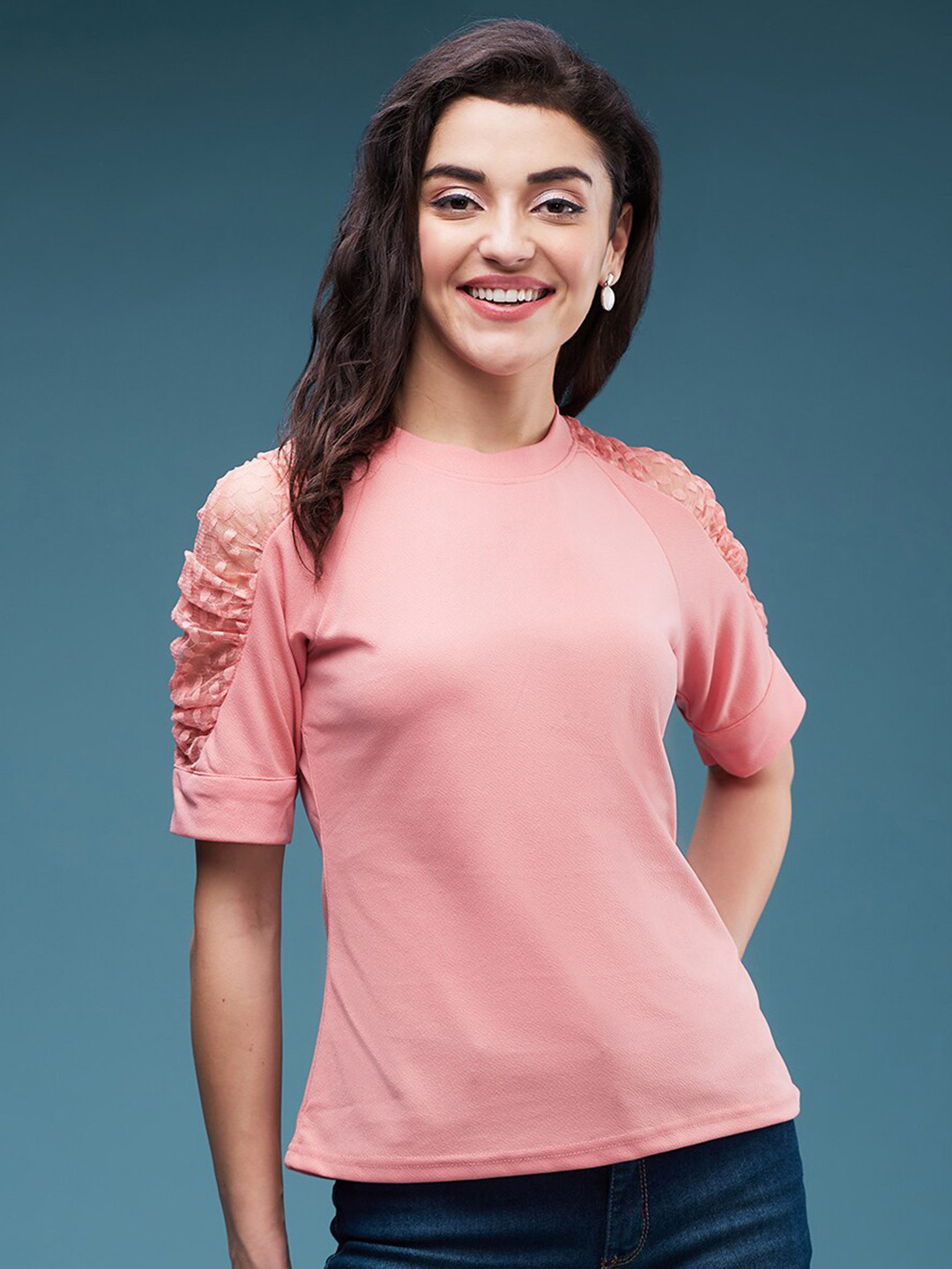 

DressBerry Round Neck Raglan Sleeves Top, Peach