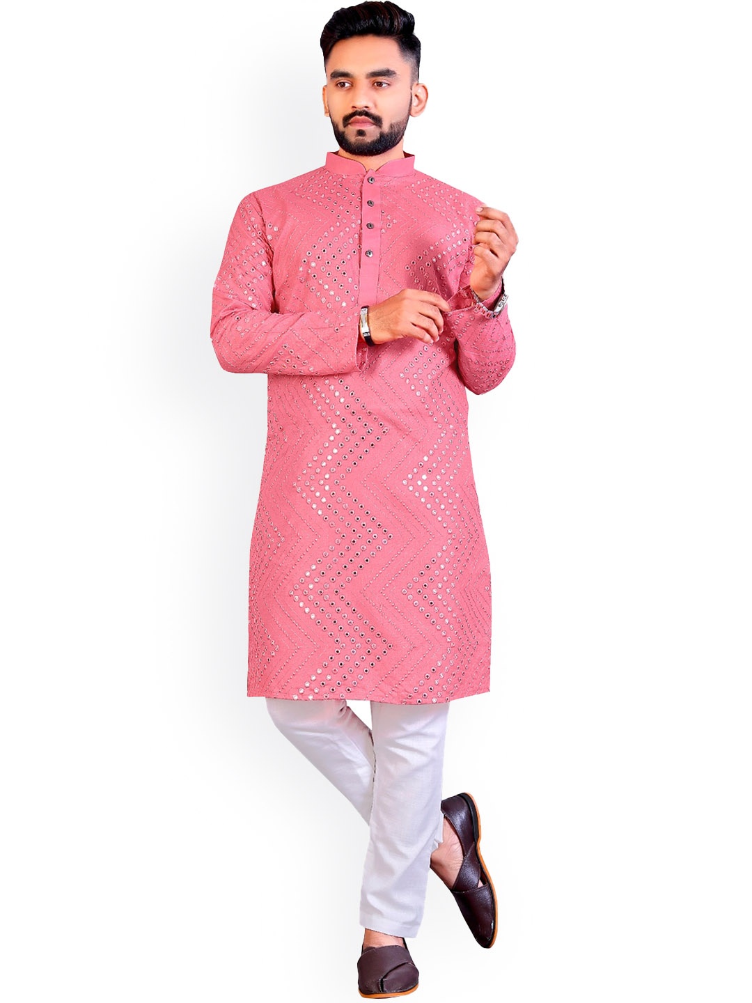 

PERFECTBLUE Geometric Mandarin Collar Long Sleeves Cotton Thread Work Kurta Set, Pink