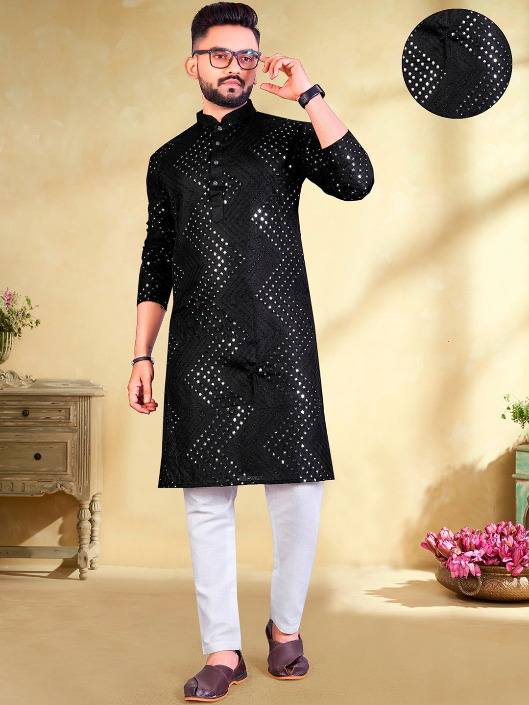 

PERFECTBLUE Floral Mandarin Collar Three-Quarter Sleeves Cotton Thread Work Kurta Set, Black