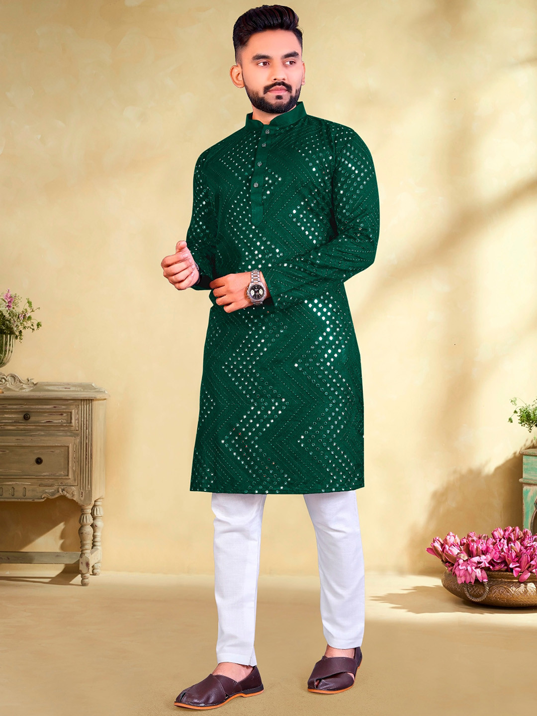 

PERFECTBLUE Floral Printed Mandarin Collar Long Sleeves Cotton Thread Work Kurta Set, Green