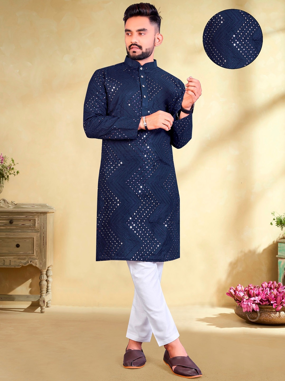 

PERFECTBLUE Floral Mandarin Collar Long Sleeves Cotton Thread Work Kurta Set, Blue
