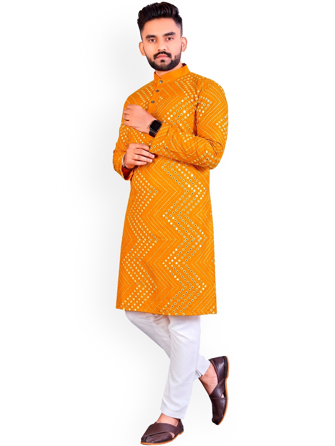 

PERFECTBLUE Abstract Mandarin Collar Long Sleeves Cotton Thread Work Kurta, Yellow