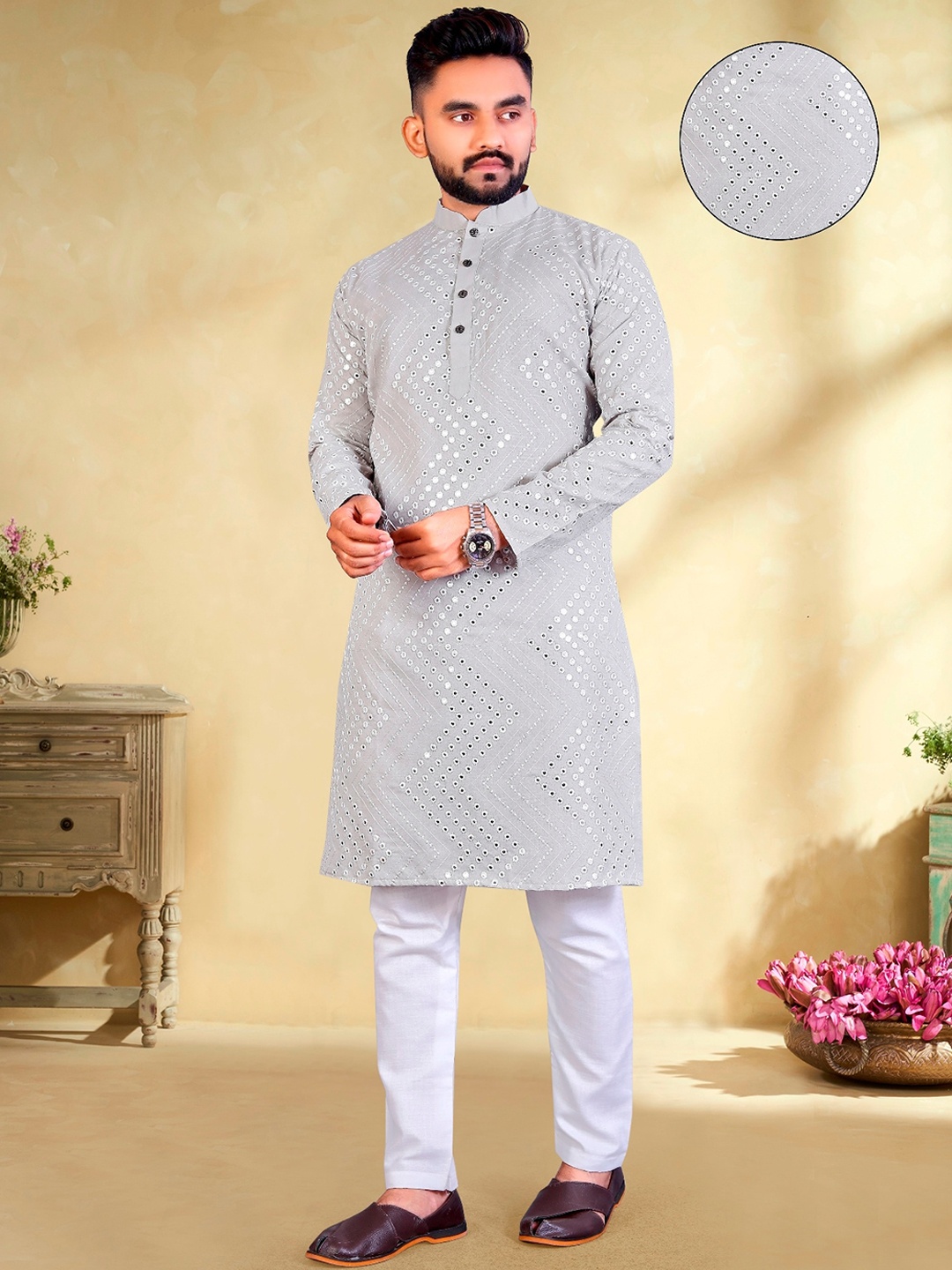 

PERFECTBLUE Geometric Embroidered Mirror Work Cotton Straight Kurta with Pyjama Set, White
