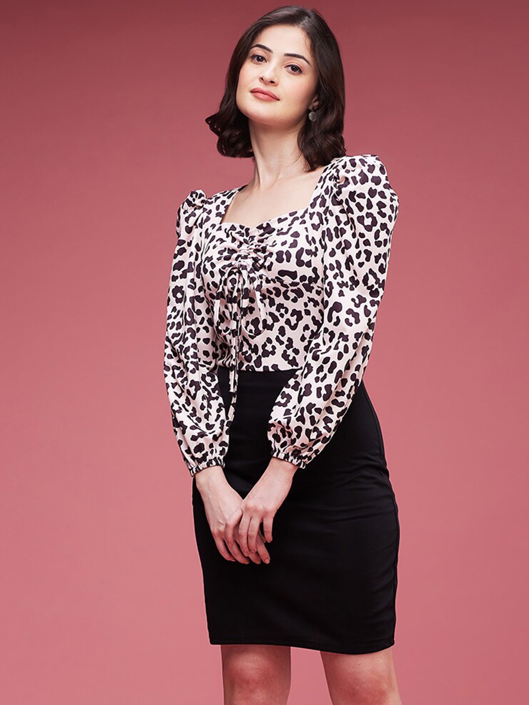 

DressBerry Beige & Black Animal Print Puff Sleeve Sheath Dress, Cream