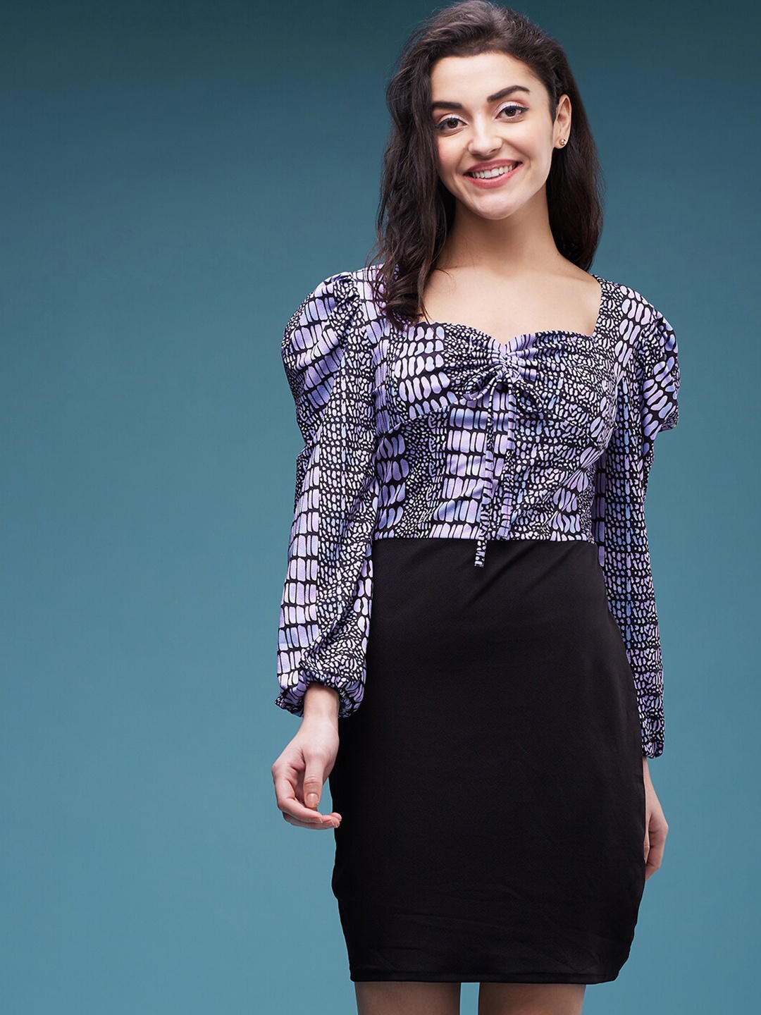 

DressBerry Lavender & Black Animal Print Puff Sleeve Sheath Dress