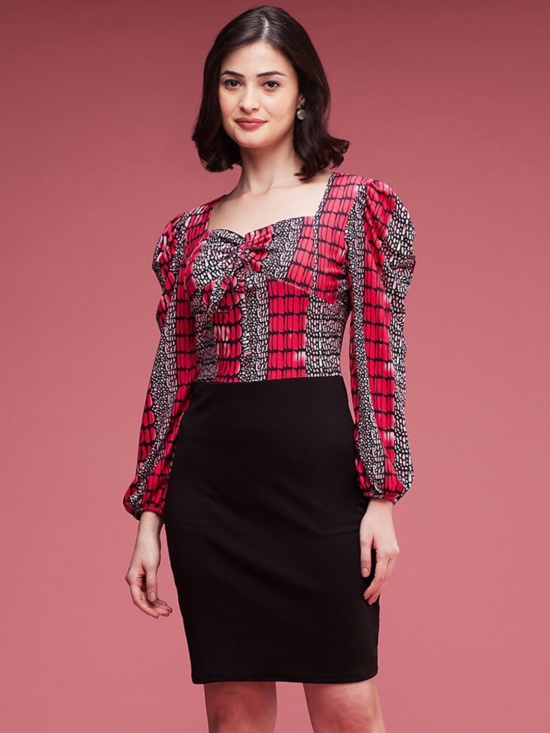 

DressBerry Pink & Black Animal Print Puff Sleeve Sheath Dress
