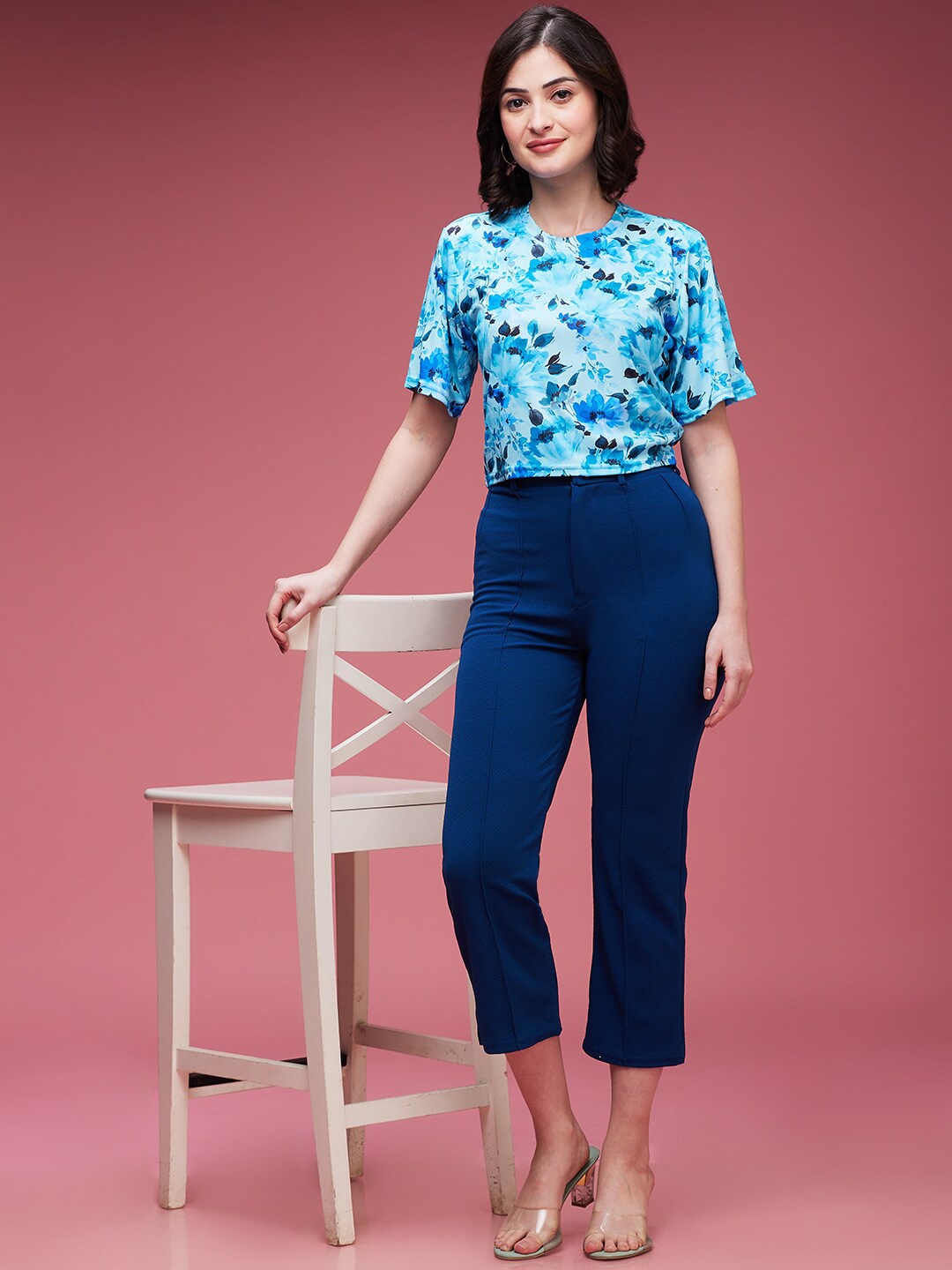 

DressBerry Teal Blue Women Classic Flared High-Rise Wrinkle Free Cropped Culottes Trousers
