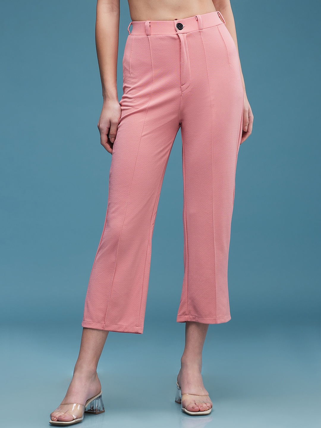 

DressBerry Women Peach-Coloured Classic Flared High-Rise Wrinkle Free Cropped Trousers