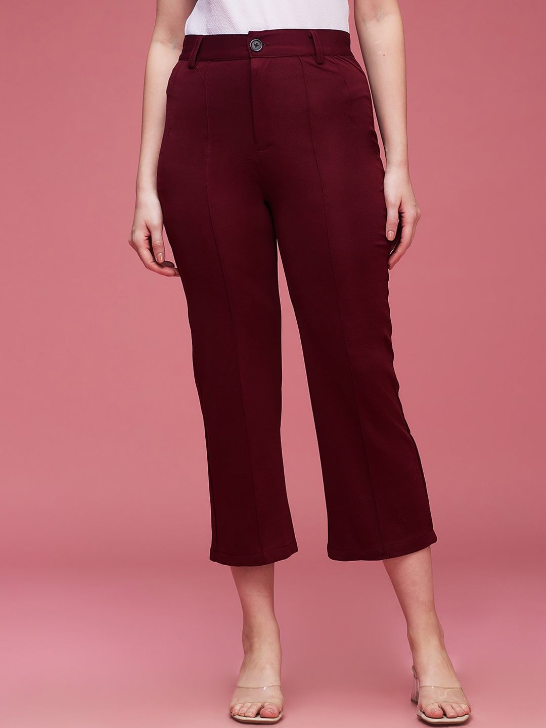 

DressBerry Maroon Women Classic Flared High-Rise Wrinkle Free Cropped Culottes Trousers