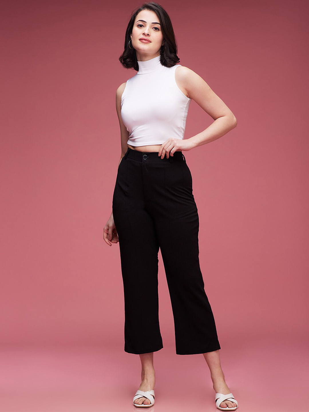 

DressBerry Black Women Classic Flared High-Rise Wrinkle Free Cropped Culottes Trousers