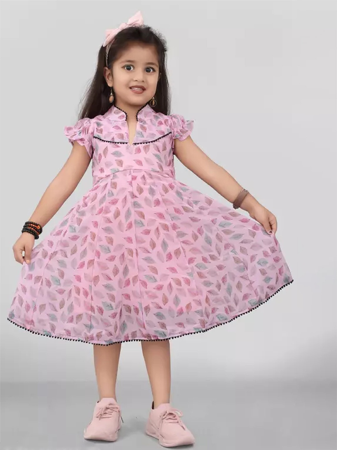 

BAESD Girls Floral Printed Mandarin Collar Fit & Flare Dress, Pink