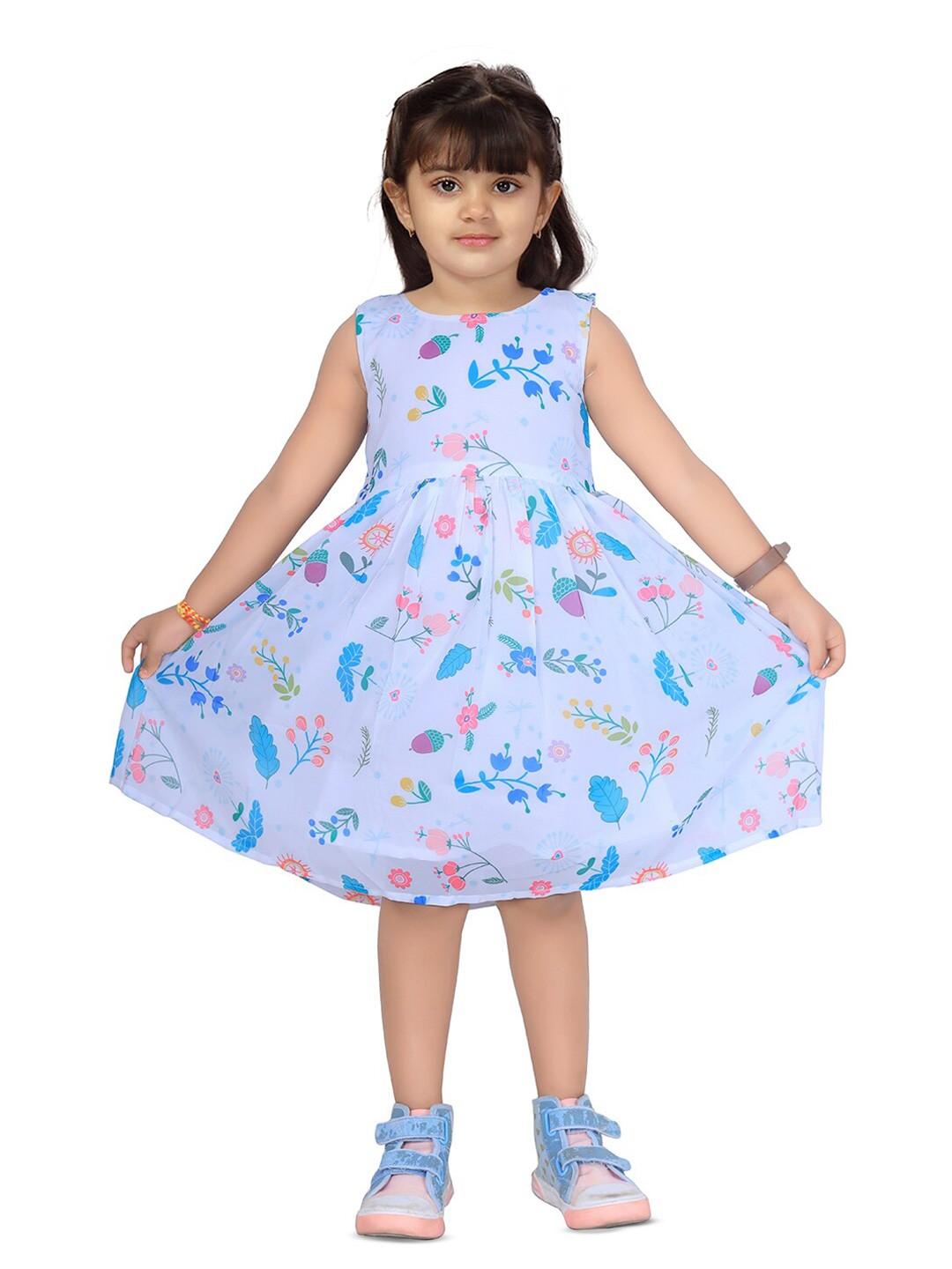 

BAESD Girls Floral Print Georgette Round Neck Fit & Flare Dress, White