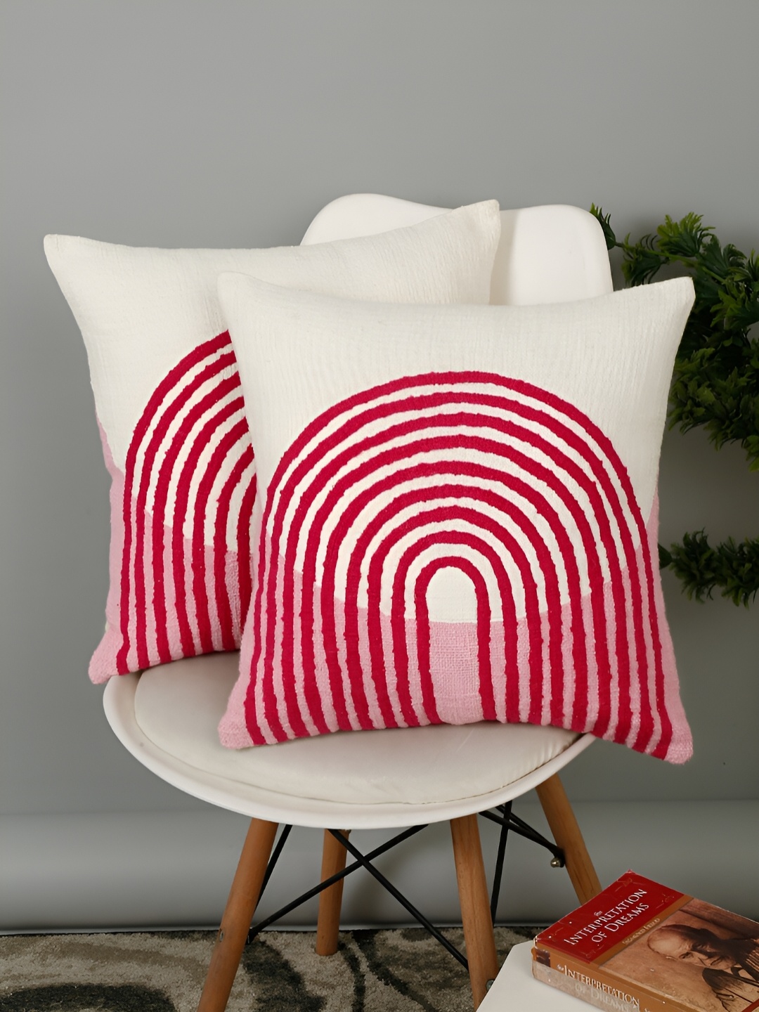 

eyda White & Red 2 Pieces Abstract Cotton Square Cushion Covers