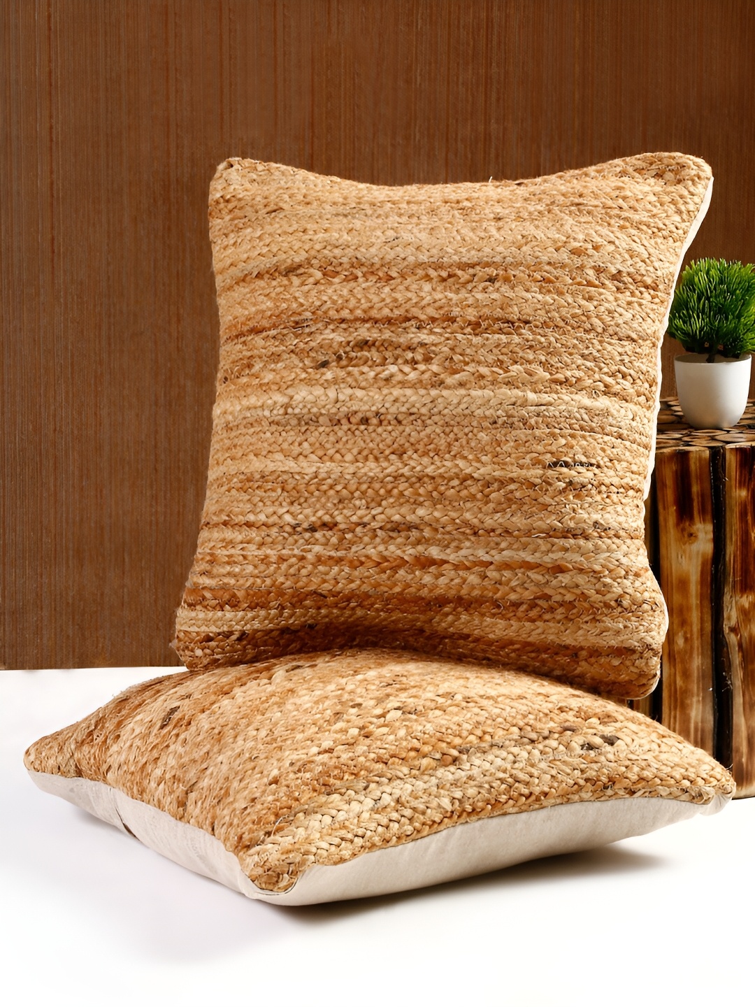 

eyda Camel Brown 2 Pieces Striped Jute Cotton Square Cushion Covers