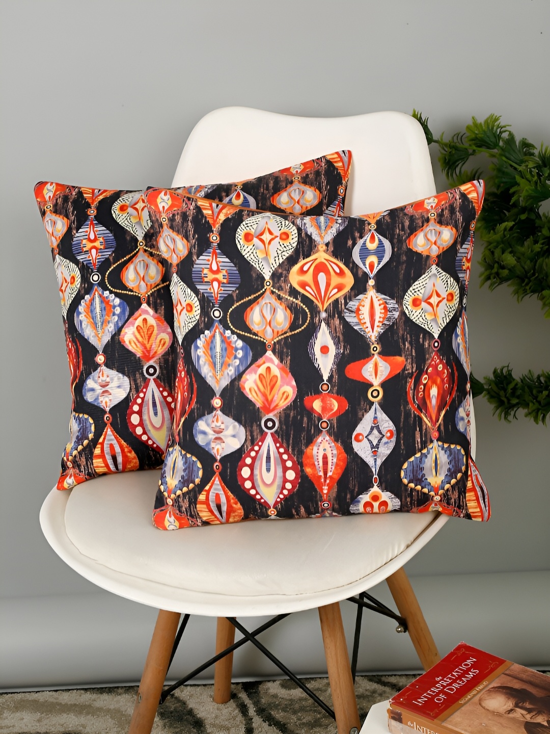 

eyda Black & Orange 2 Pieces Abstract Square Cushion Covers