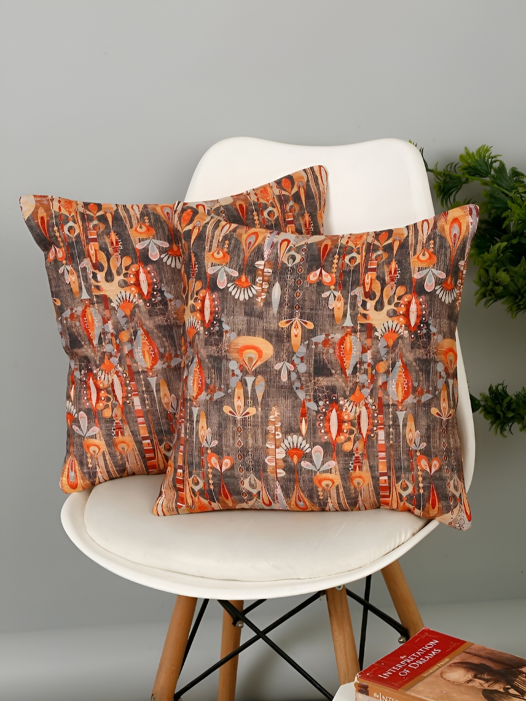 

eyda Brown & Orange 2 Pieces Abstract Square Cushion Covers