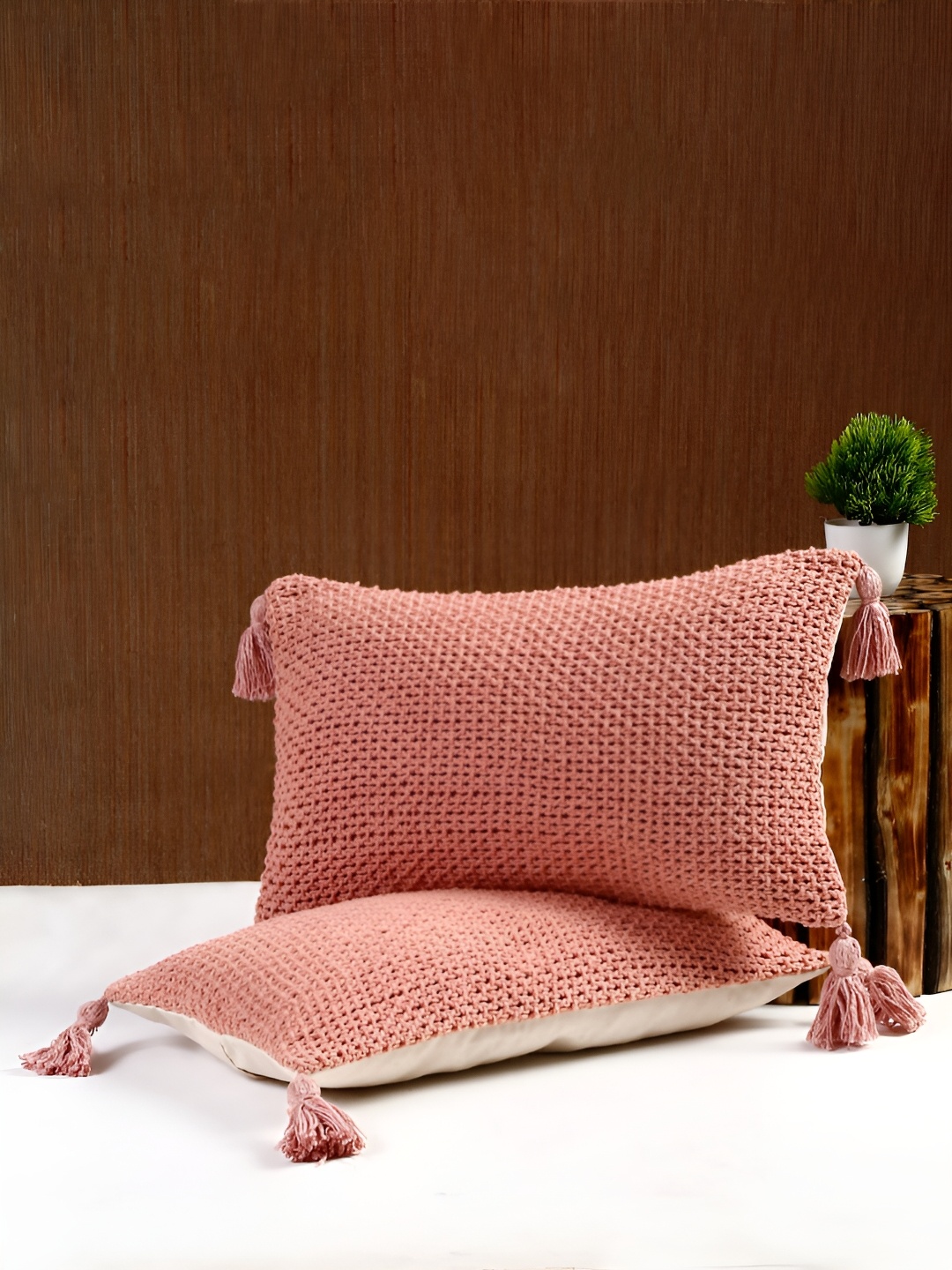 

eyda Pink & White 2 Pieces Cotton Rectangle Cushion Covers
