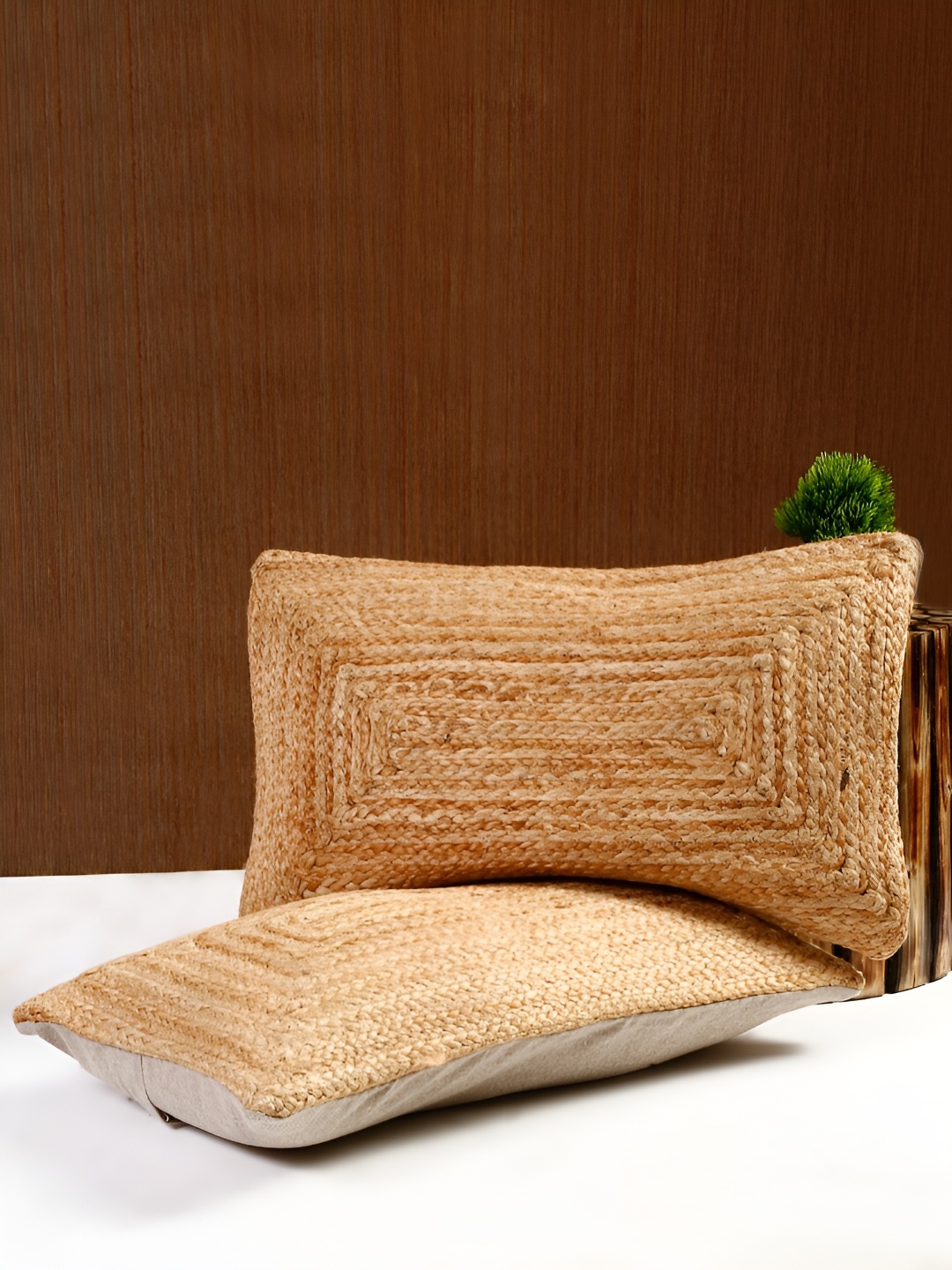 

eyda Camel Brown 2 Pieces Jute Cotton Rectangle Cushion Covers