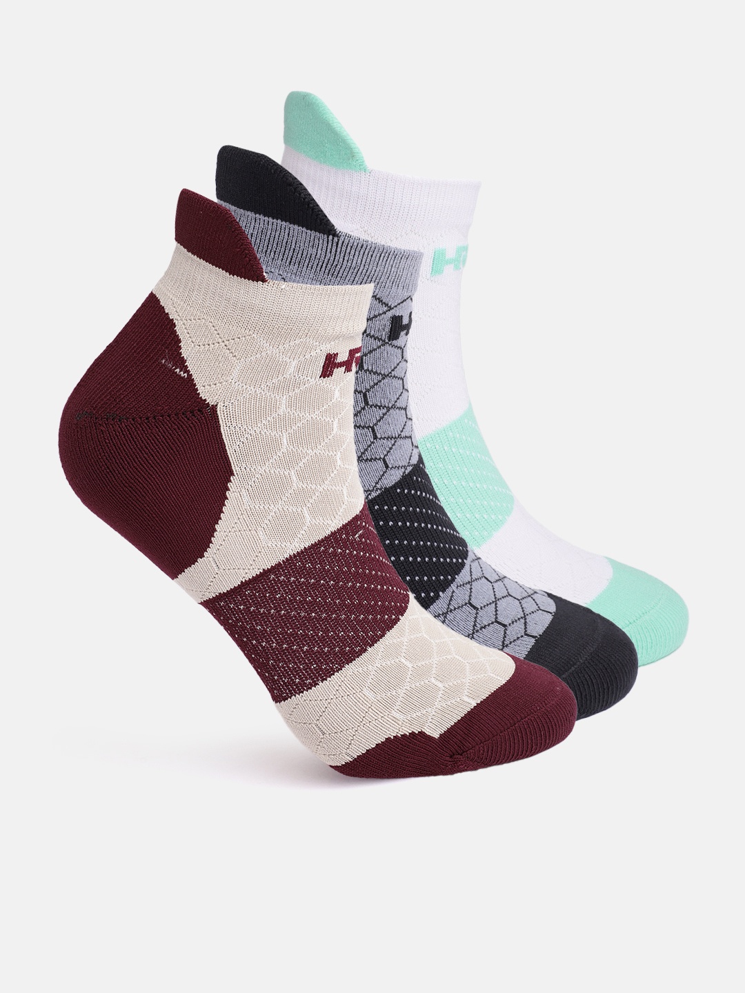 

HRX by Hrithik Roshan Men Pack of 3 Geometric Self-Design Ankle Length Socks, Multi