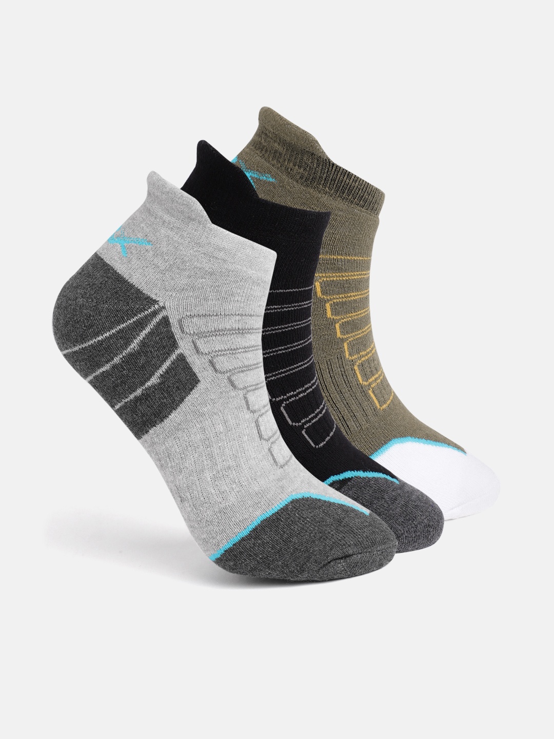 

HRX by Hrithik Roshan Men Pack of 3 Geometric Self-Design Ankle Length Socks, Grey