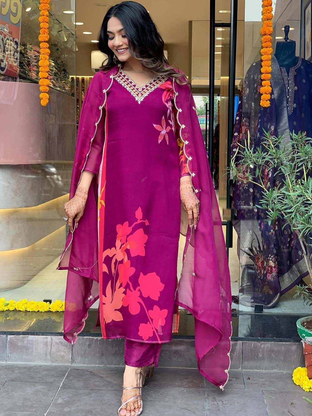 

KALINI Women Floral Printed Regular Thread Work Kurta with Trousers & With Dupatta, Magenta