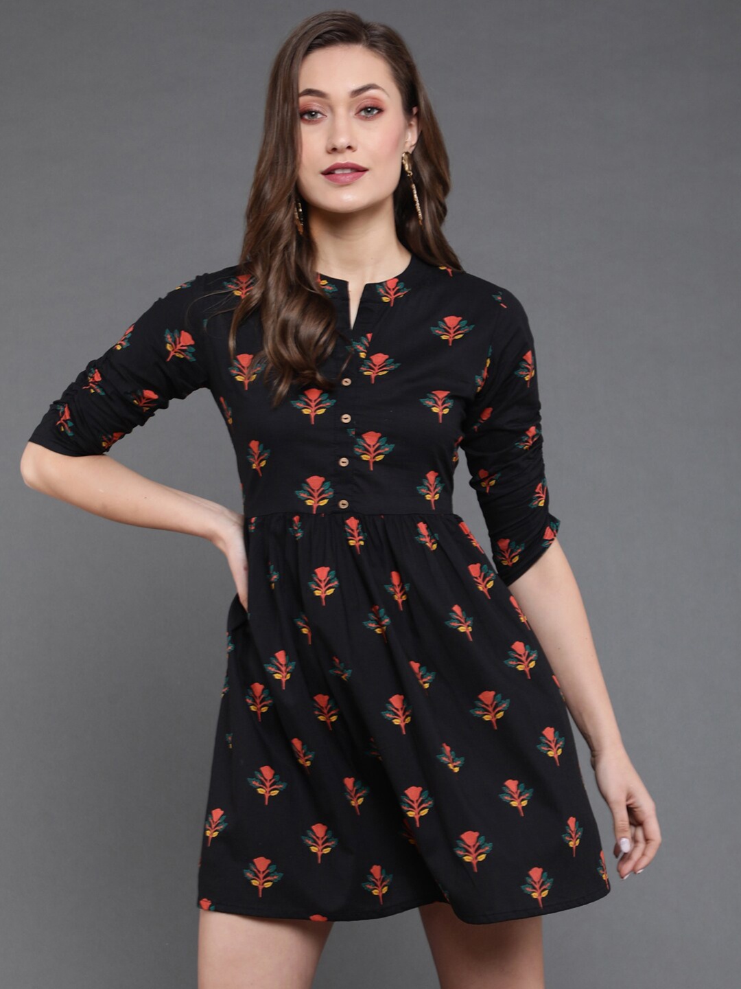 

antaran Floral Printed A-Line Pure Cotton Dress, Black