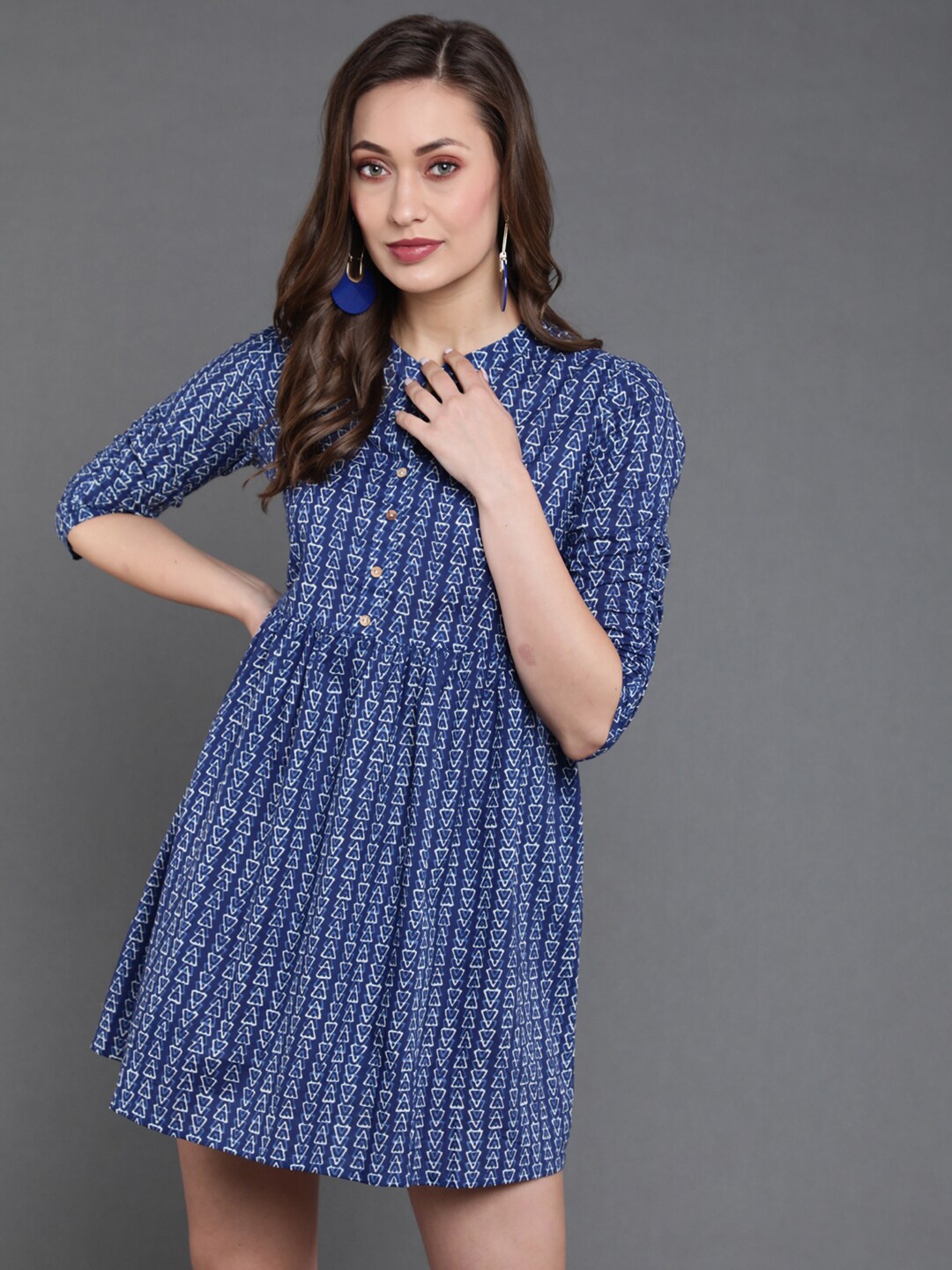 

antaran Geometric Print A-Line Pure Cotton Dress, Blue