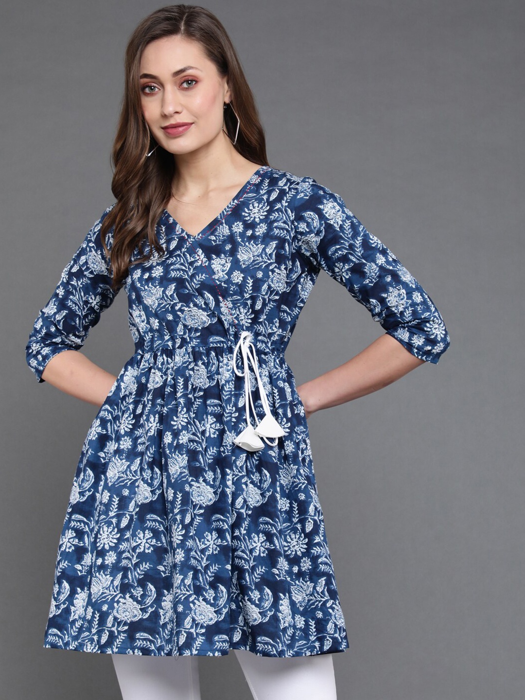 

antaran Printed Puff Sleeves Angrakha A-Line Pure Cotton Tunic, Blue