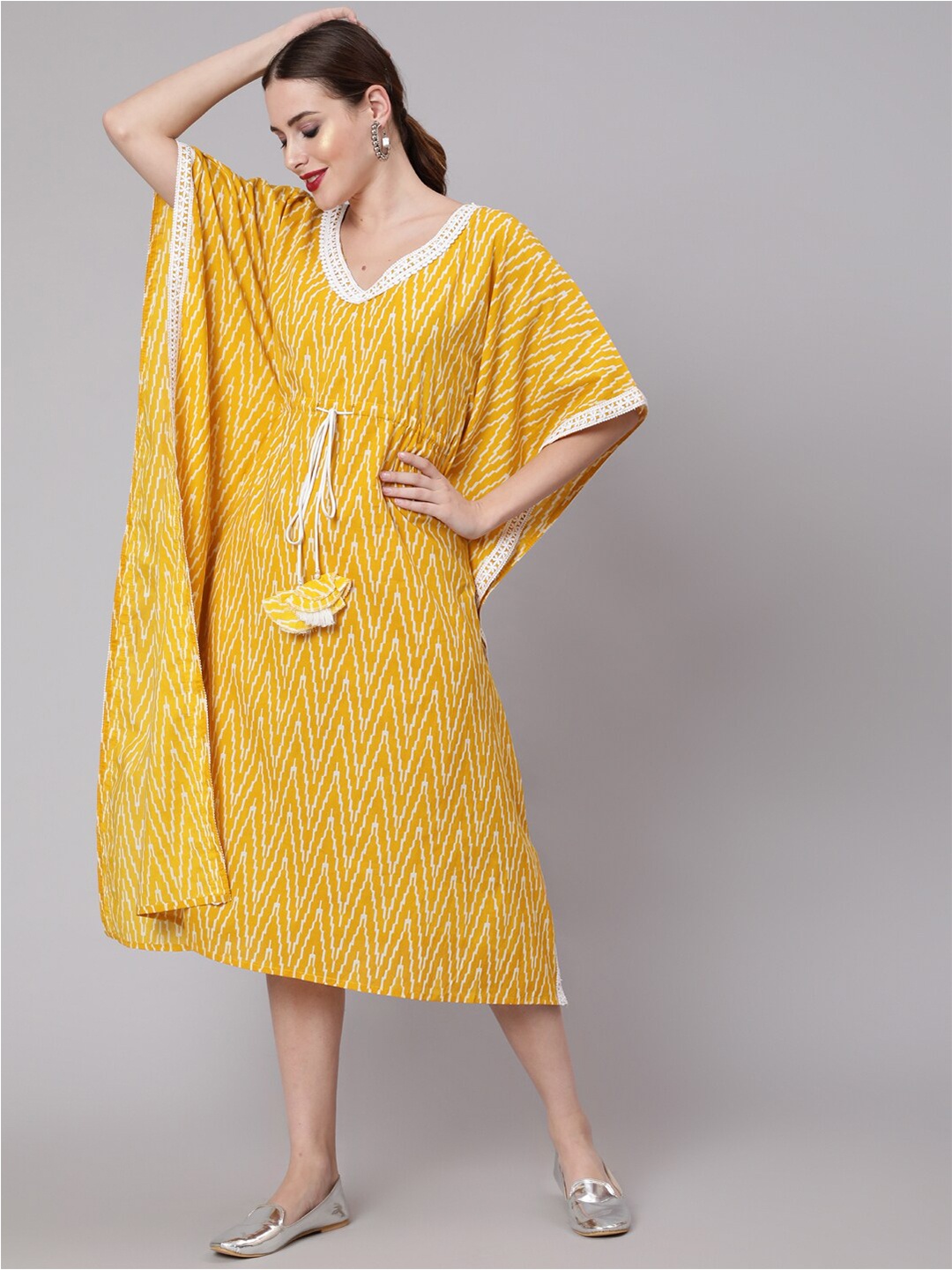 

antaran Printed V-Neck Kimono Sleeve Cotton Kaftan Midi Dress, Yellow