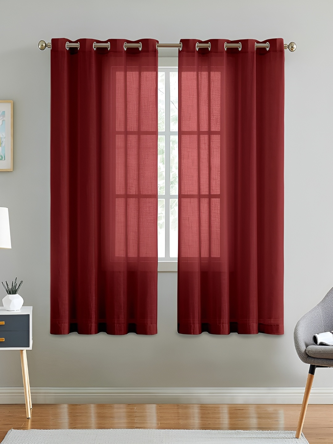 

Dashing fabrics Maroon 2Pcs Cotton Sheer Eyelet Window Curtains