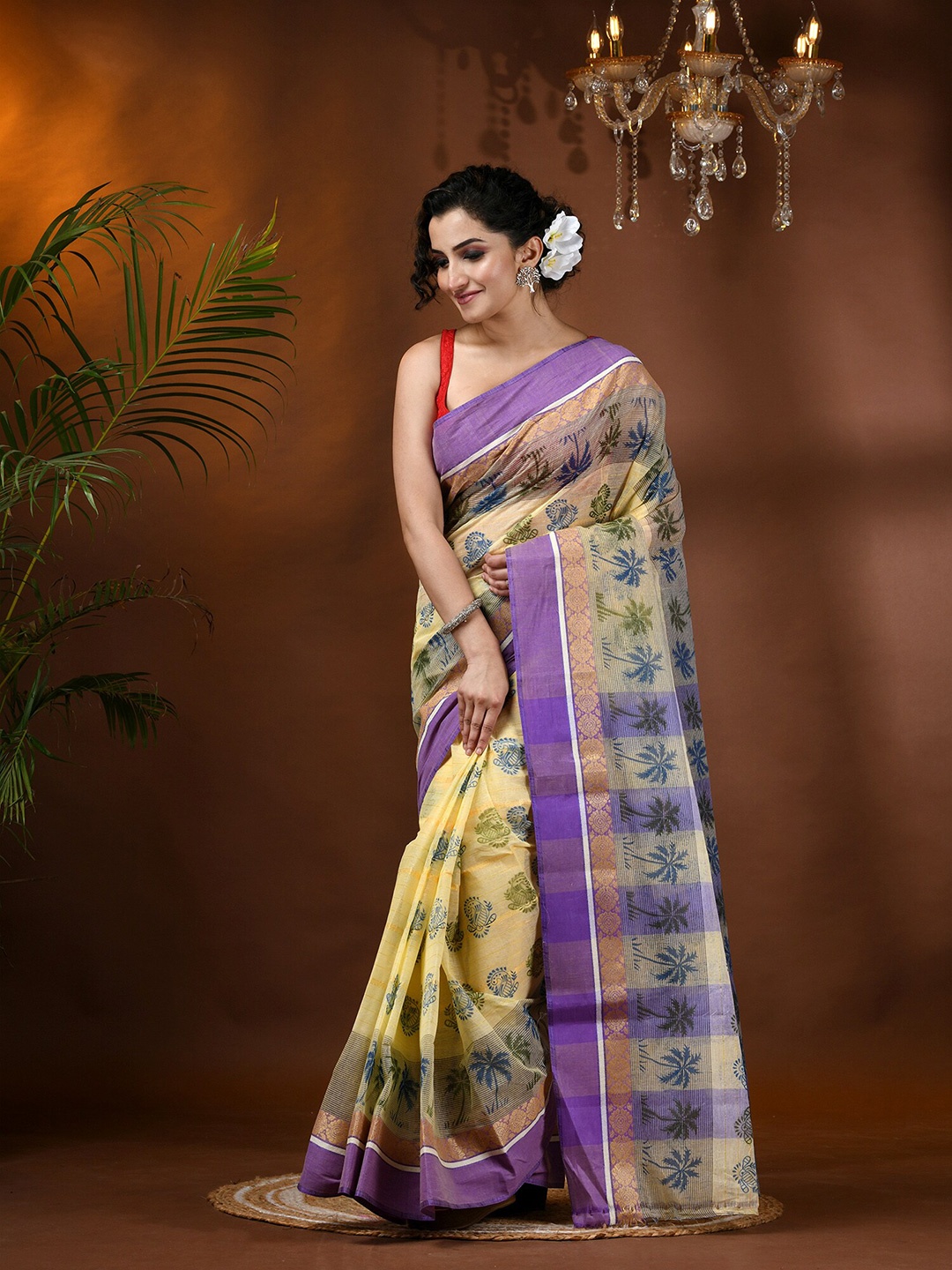 

DESH BIDESH Floral Block Printed Zari Pure Cotton Saree, Purple