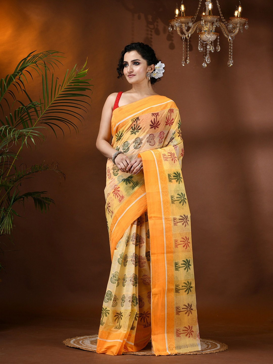 

DESH BIDESH Floral Pure Cotton Block Print Saree without blouse, Yellow