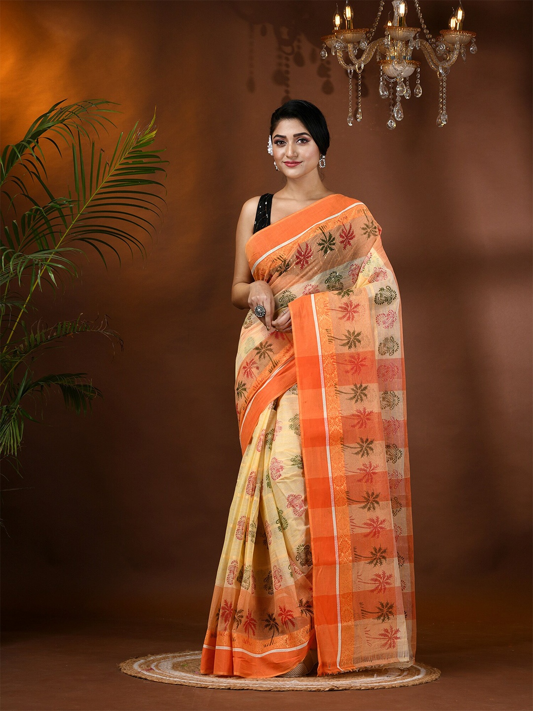 

DESH BIDESH Floral Pure Cotton Block Print Saree with blouse, Orange