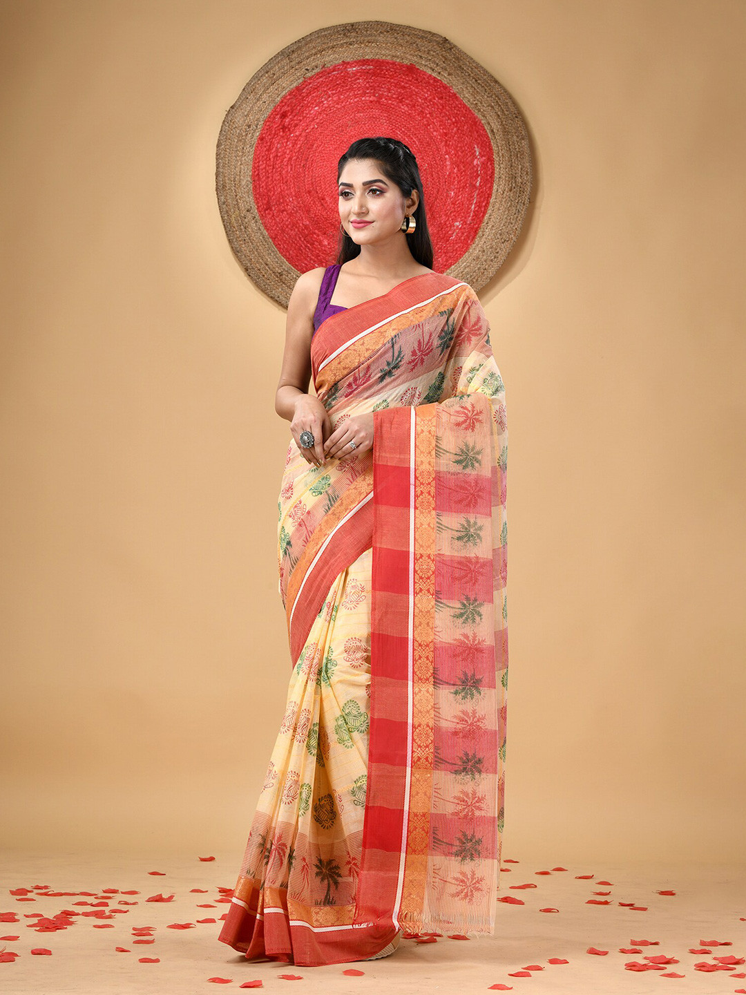 

DESH BIDESH Floral Pure Cotton Block Print Saree without blouse, Red