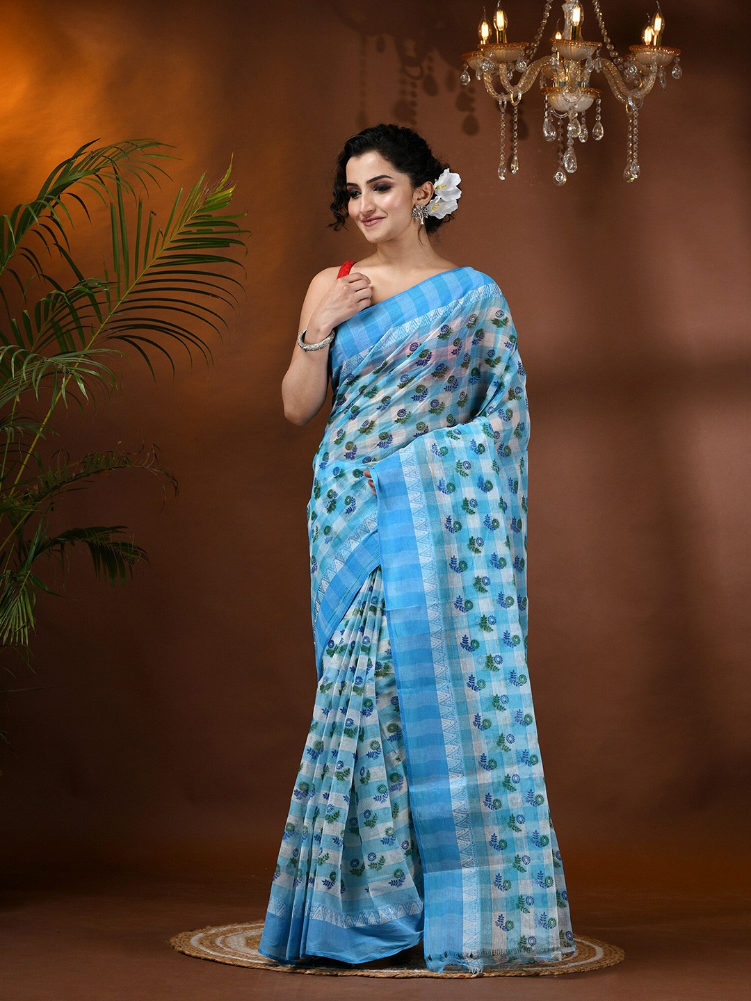 

DESH BIDESH Floral Pure Cotton Block Print Saree without Blouse, Blue