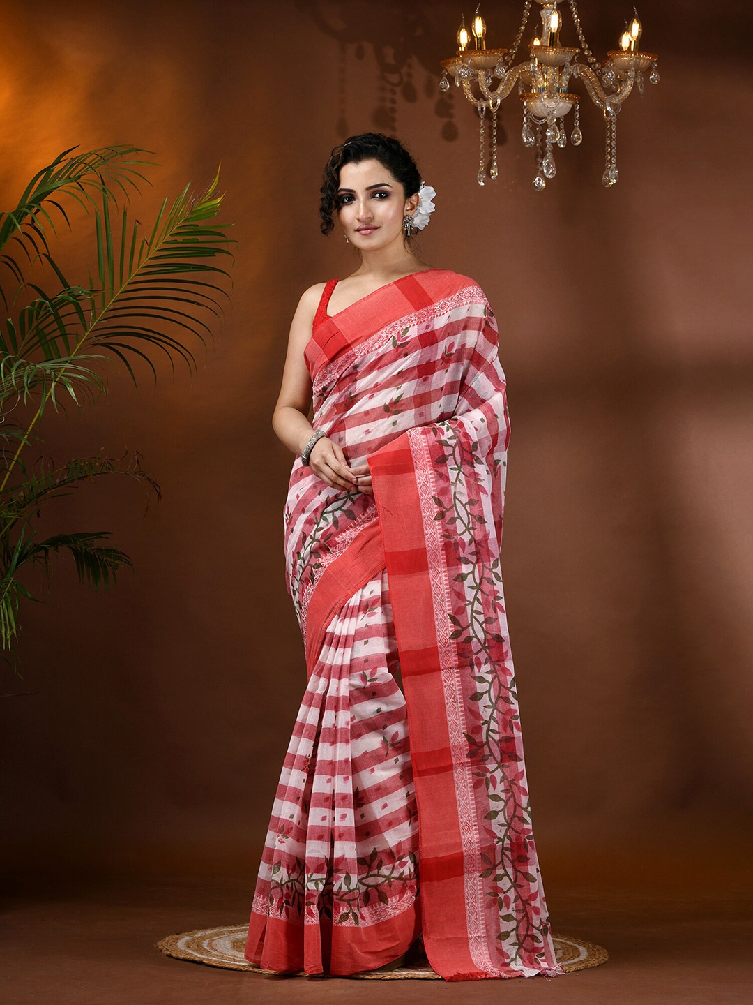 

DESH BIDESH Floral Pure Cotton Block Print Saree without Blouse, Red